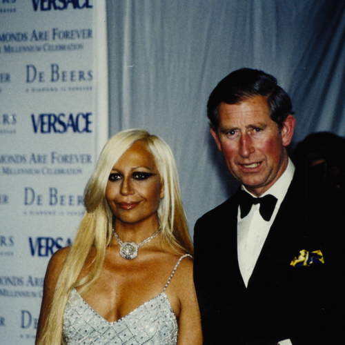 HRH Prince Charles and Mrs Donatella Versace wearing the 101 cts diamonds of Repossi collection at London exhibition, 2000