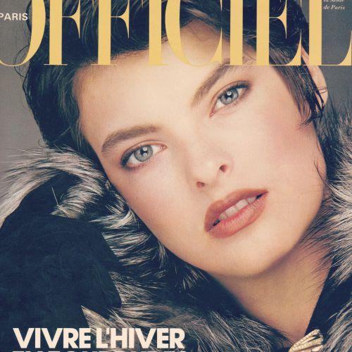 Cover Officiel in Paris with Miss Linda Evangelista wearing a Repossi brooch late 1980